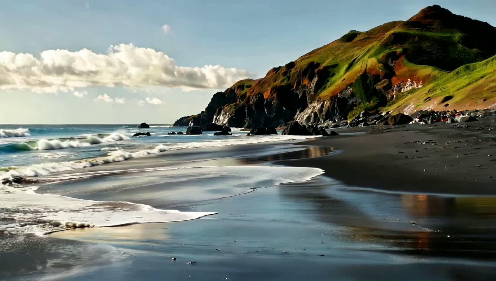 Cinematic drift over a moody New Zealand coastal scene.