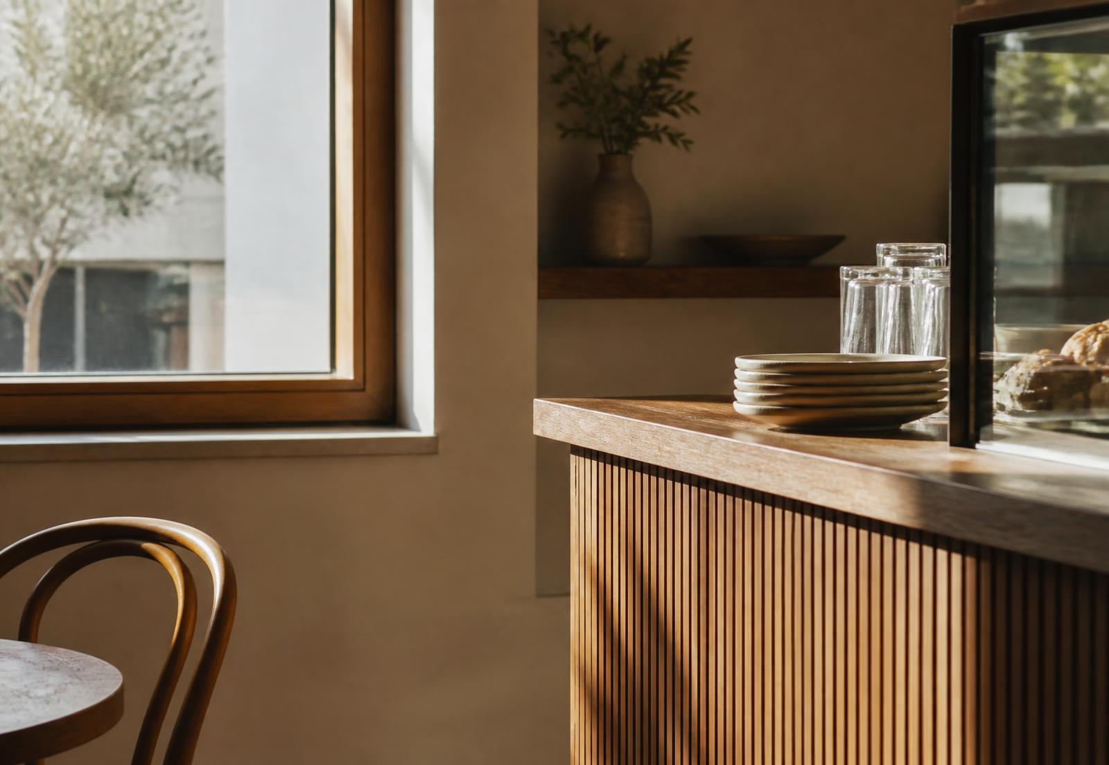 Independent hospitality interior at golden hour.